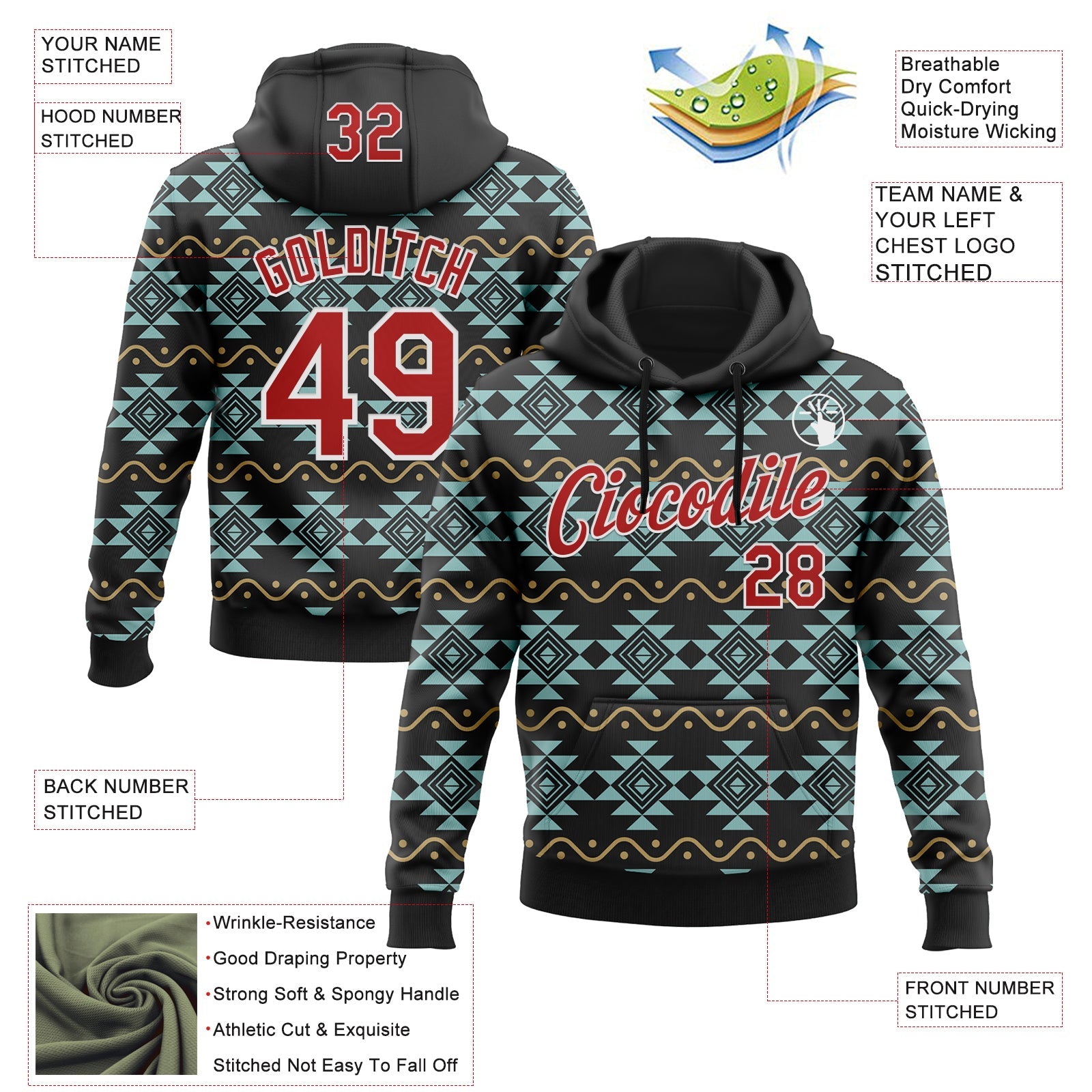Custom Stitched Black Red-White 3D Pattern Design Tribal Ethnic Native American Sports Pullover Sweatshirt Hoodie view 2