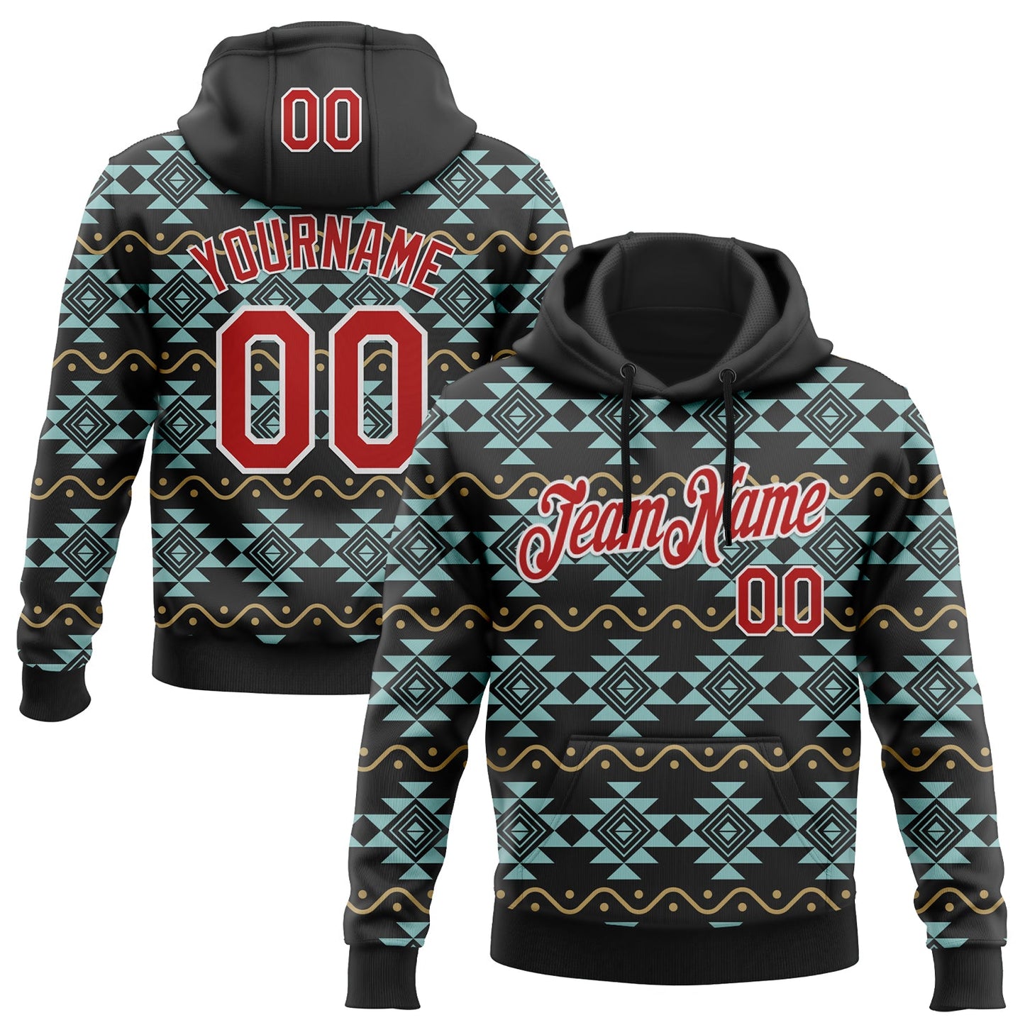 Custom Stitched Black Red-White 3D Pattern Design Tribal Ethnic Native American Sports Pullover Sweatshirt Hoodie - Main View