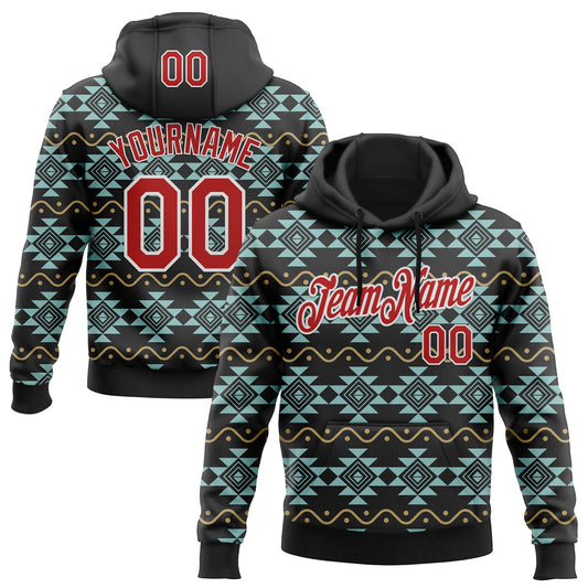 Custom Stitched Black Red-White 3D Pattern Design Tribal Ethnic Native American Sports Pullover Sweatshirt Hoodie - Main View