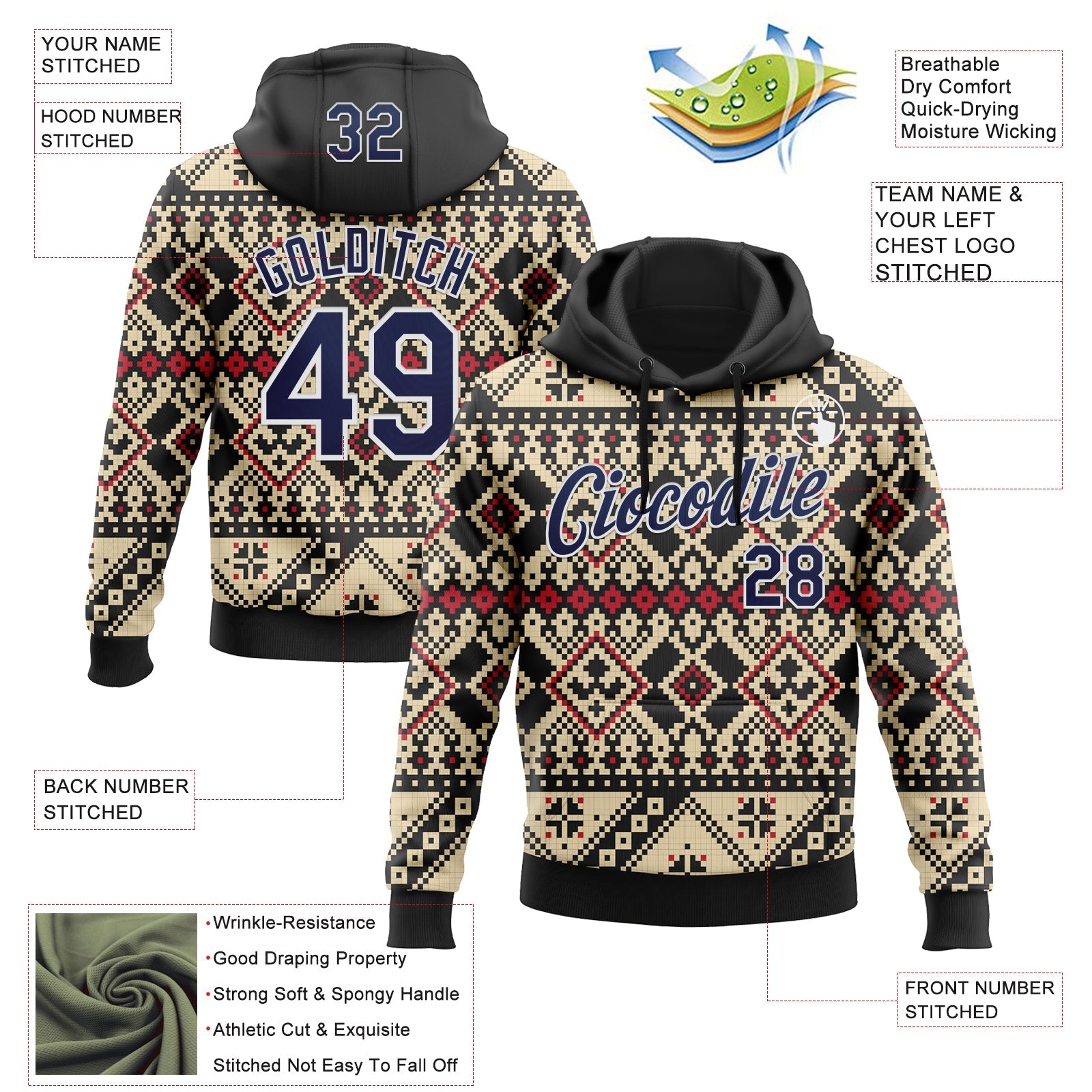 Custom Stitched Cream Navy Black-White 3D Pattern Design Tribal Ethnic Native American Sports Pullover Sweatshirt Hoodie view 2