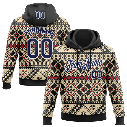 Custom Stitched Cream Navy Black-White 3D Pattern Design Tribal Ethnic Native American Sports Pullover Sweatshirt Hoodie - Main View
