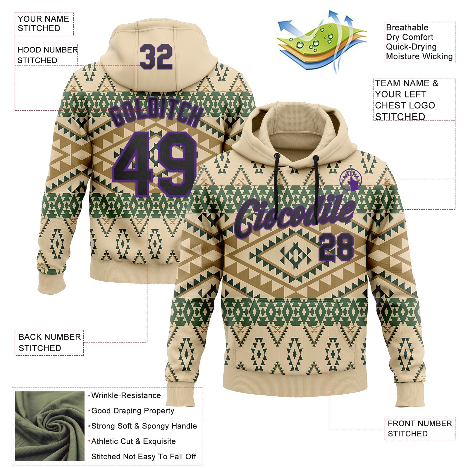Custom Stitched City Cream Black-Purple 3D Pattern Design Tribal Ethnic Native American Sports Pullover Sweatshirt Hoodie view 2
