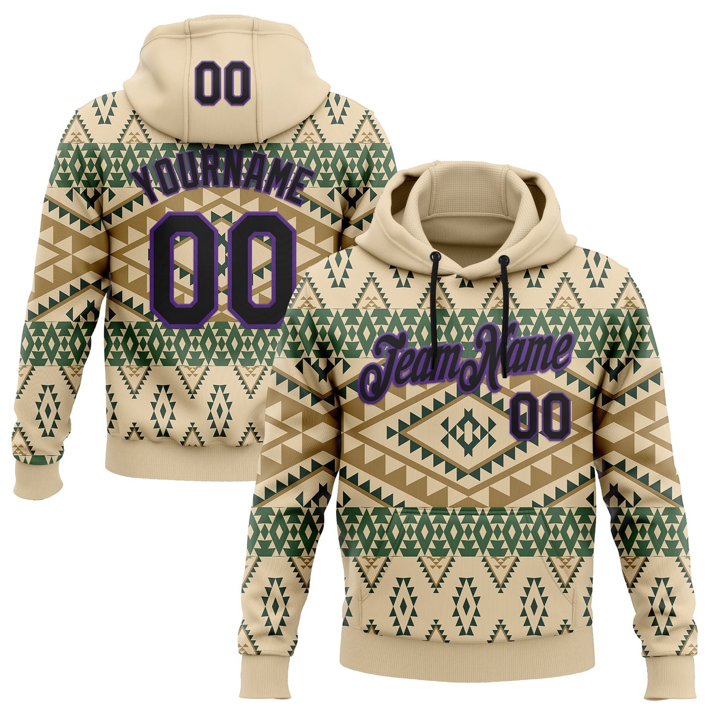 Custom Stitched City Cream Black-Purple 3D Pattern Design Tribal Ethnic Native American Sports Pullover Sweatshirt Hoodie - Main View
