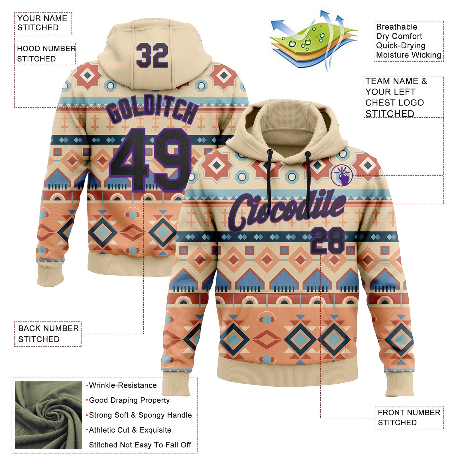 Custom Stitched City Cream Black-Purple 3D Pattern Design Tribal Ethnic Native American Sports Pullover Sweatshirt Hoodie view 2