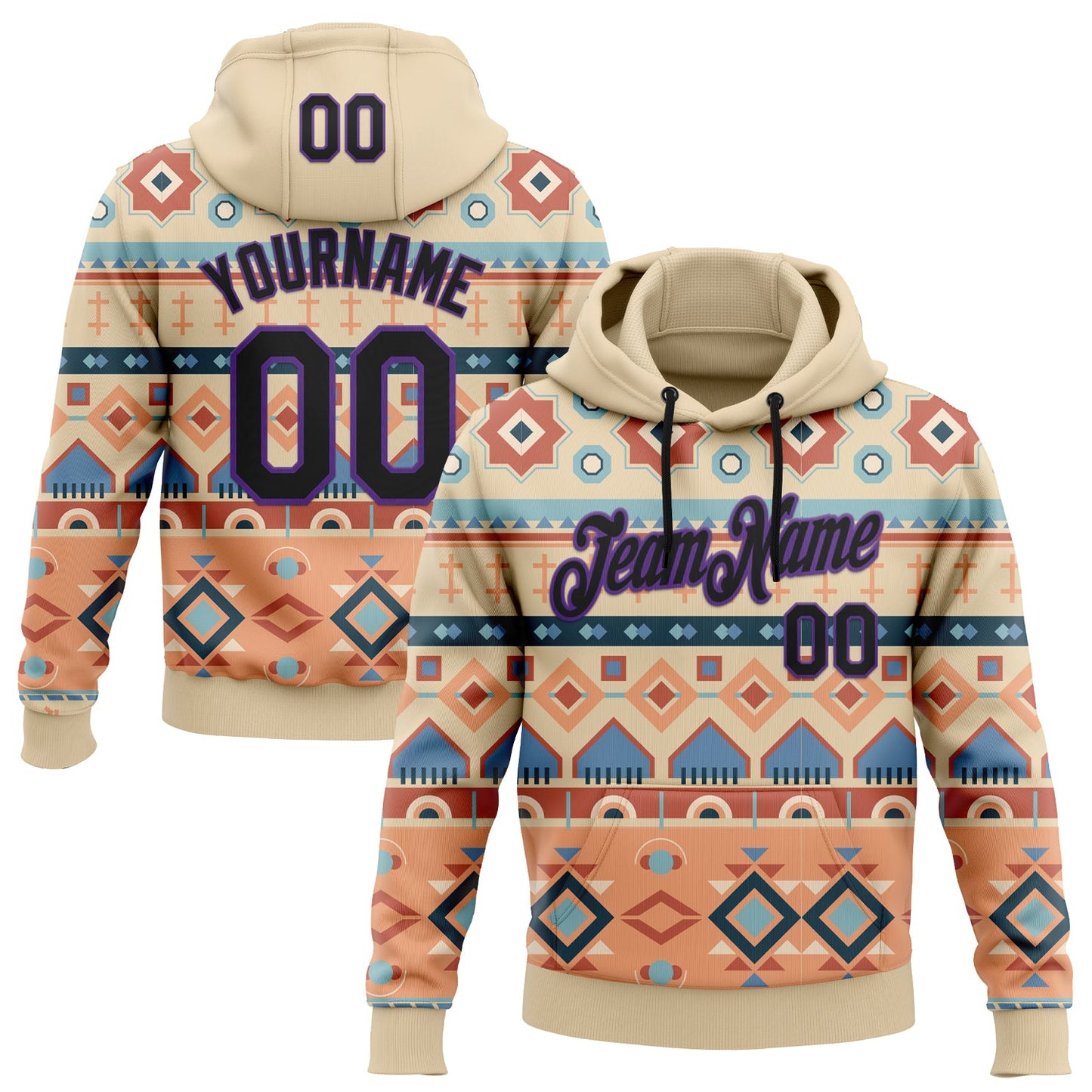 Custom Stitched City Cream Black-Purple 3D Pattern Design Tribal Ethnic Native American Sports Pullover Sweatshirt Hoodie - Main View
