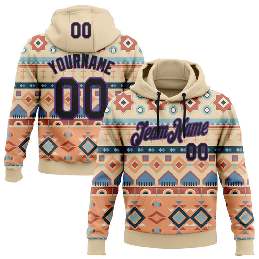 Custom Stitched City Cream Black-Purple 3D Pattern Design Tribal Ethnic Native American Sports Pullover Sweatshirt Hoodie - Main View