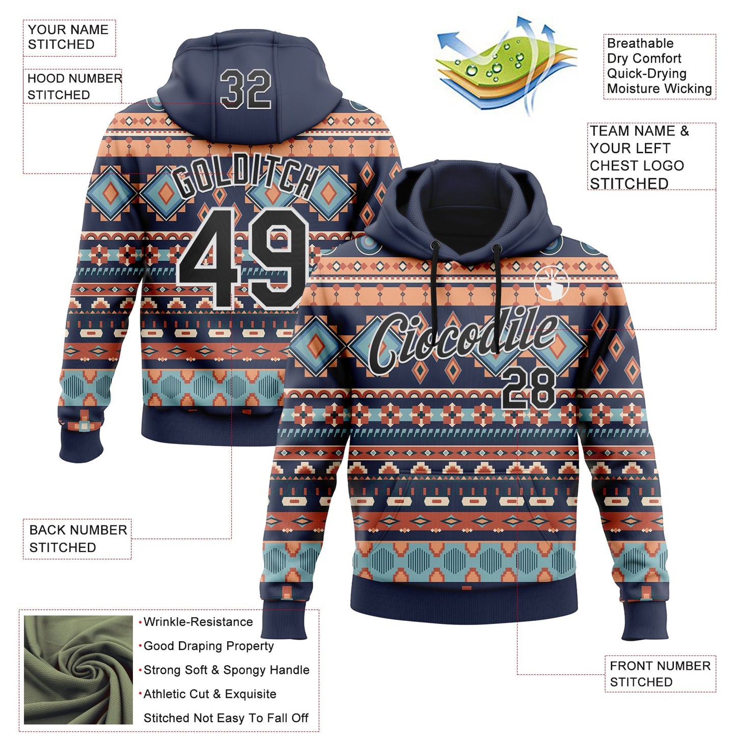 Custom Stitched Navy Black-White 3D Pattern Design Tribal Ethnic Native American Sports Pullover Sweatshirt Hoodie view 2