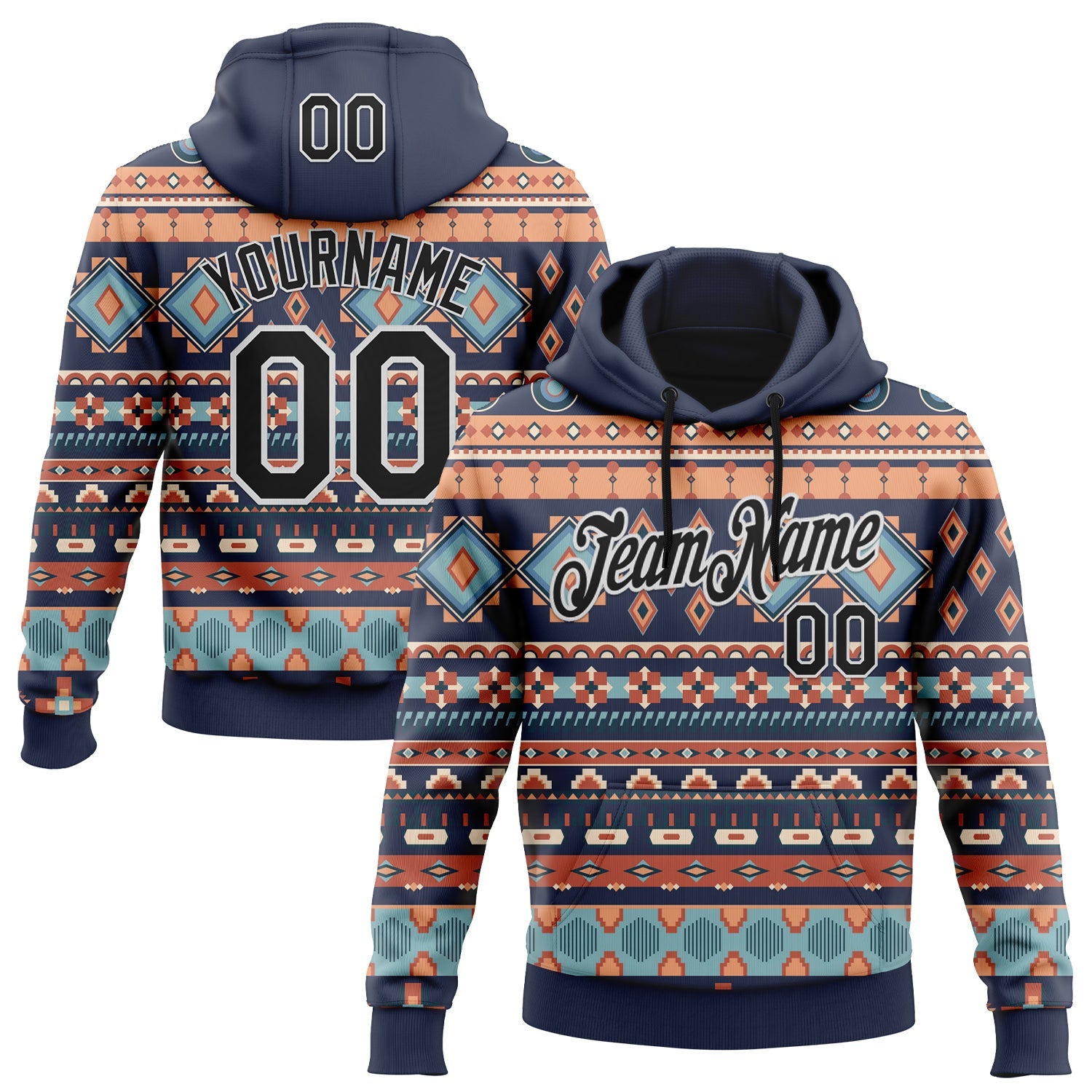 Custom Stitched Navy Black-White 3D Pattern Design Tribal Ethnic Native American Sports Pullover Sweatshirt Hoodie - Main View
