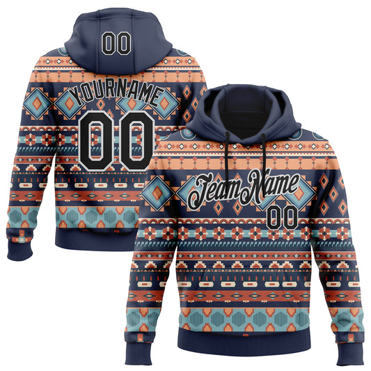 Custom Stitched Navy Black-White 3D Pattern Design Tribal Ethnic Native American Sports Pullover Sweatshirt Hoodie - Main View