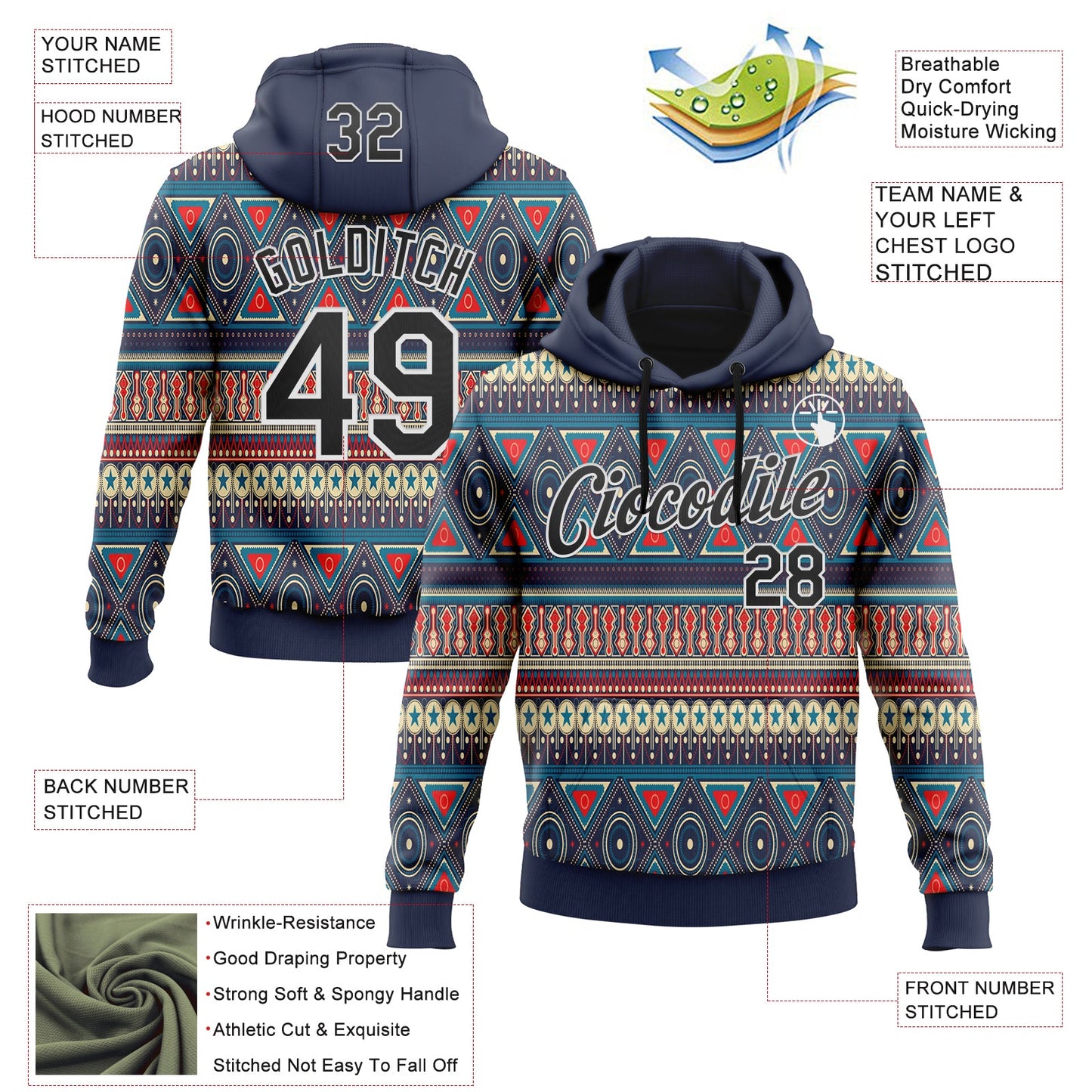 Custom Stitched Navy Black-White 3D Pattern Design Tribal Ethnic Native American Sports Pullover Sweatshirt Hoodie view 2