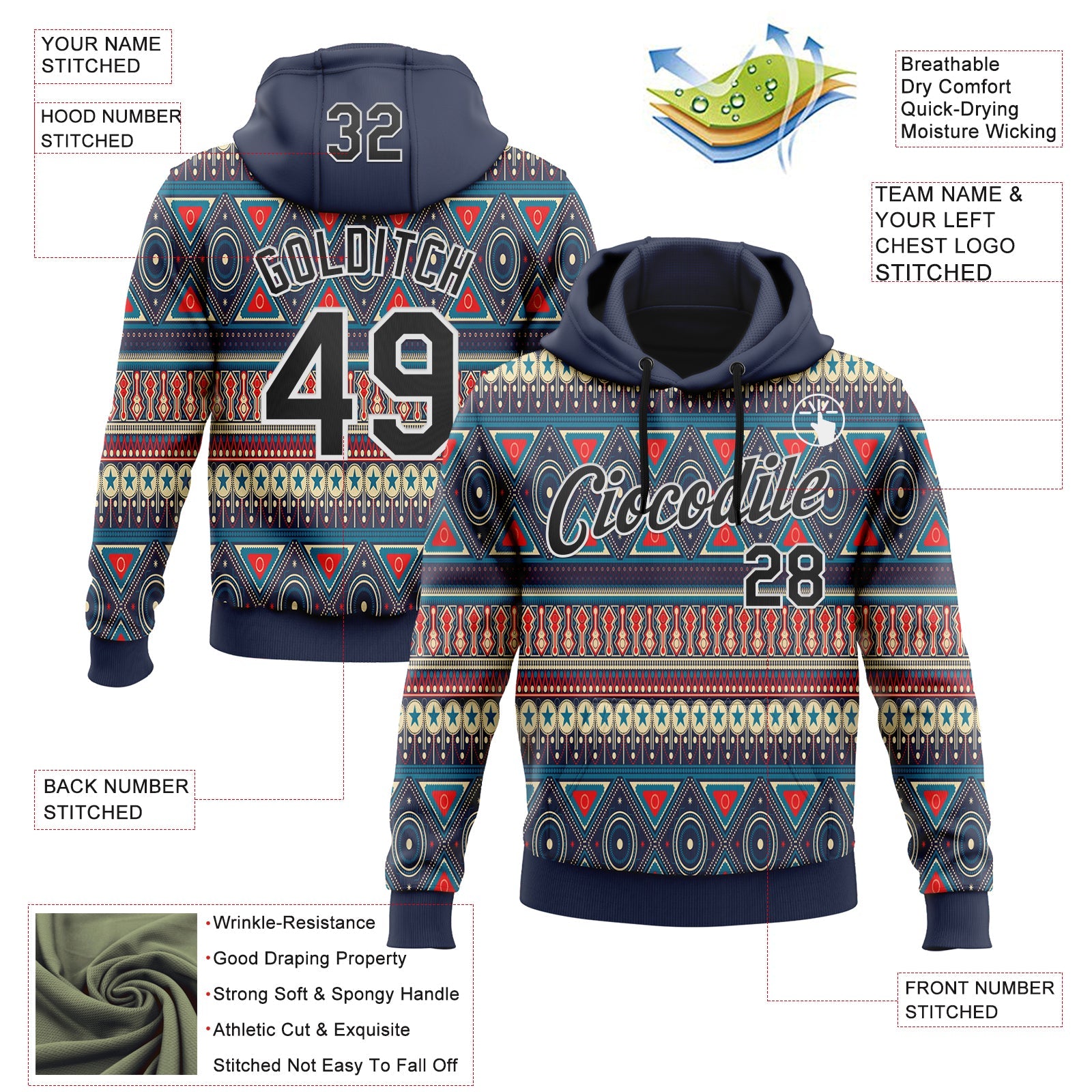 Custom Stitched Navy Black-White 3D Pattern Design Tribal Ethnic Native American Sports Pullover Sweatshirt Hoodie view 2
