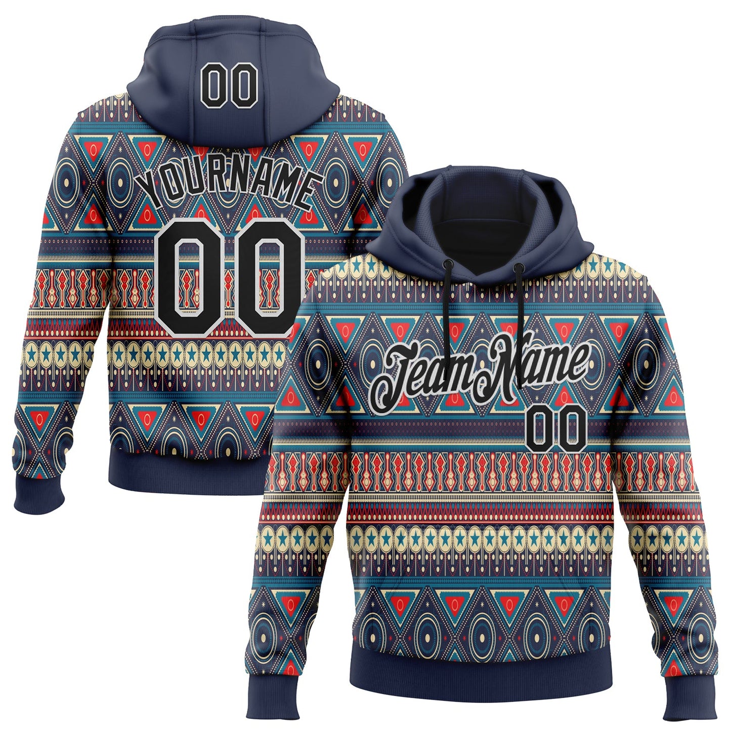 Custom Stitched Navy Black-White 3D Pattern Design Tribal Ethnic Native American Sports Pullover Sweatshirt Hoodie - Main View