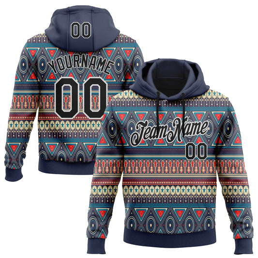 Custom Stitched Navy Black-White 3D Pattern Design Tribal Ethnic Native American Sports Pullover Sweatshirt Hoodie - Main View
