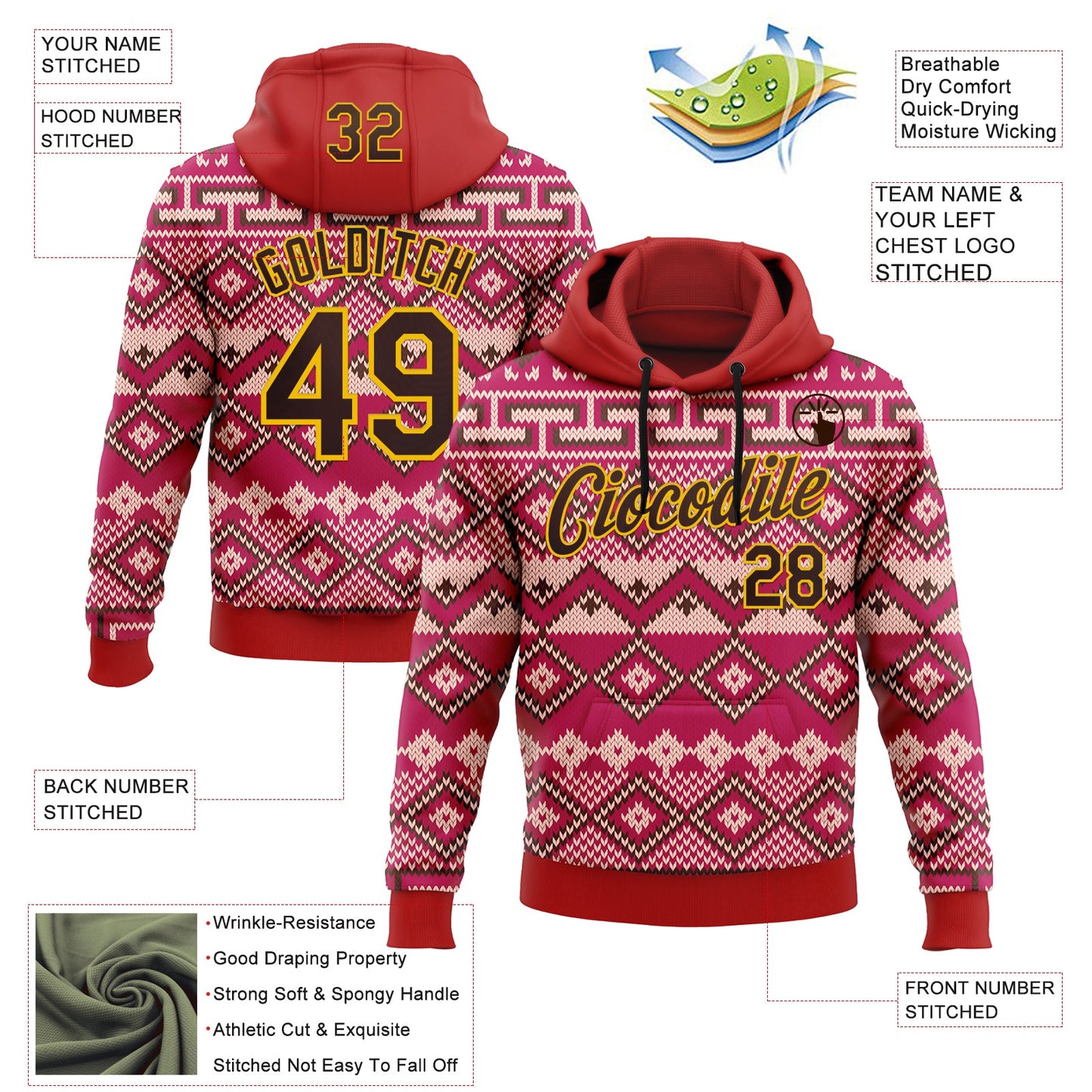 Custom Stitched Red Brown-Yellow 3D Pattern Design Tribal Ethnic Native American Sports Pullover Sweatshirt Hoodie view 2