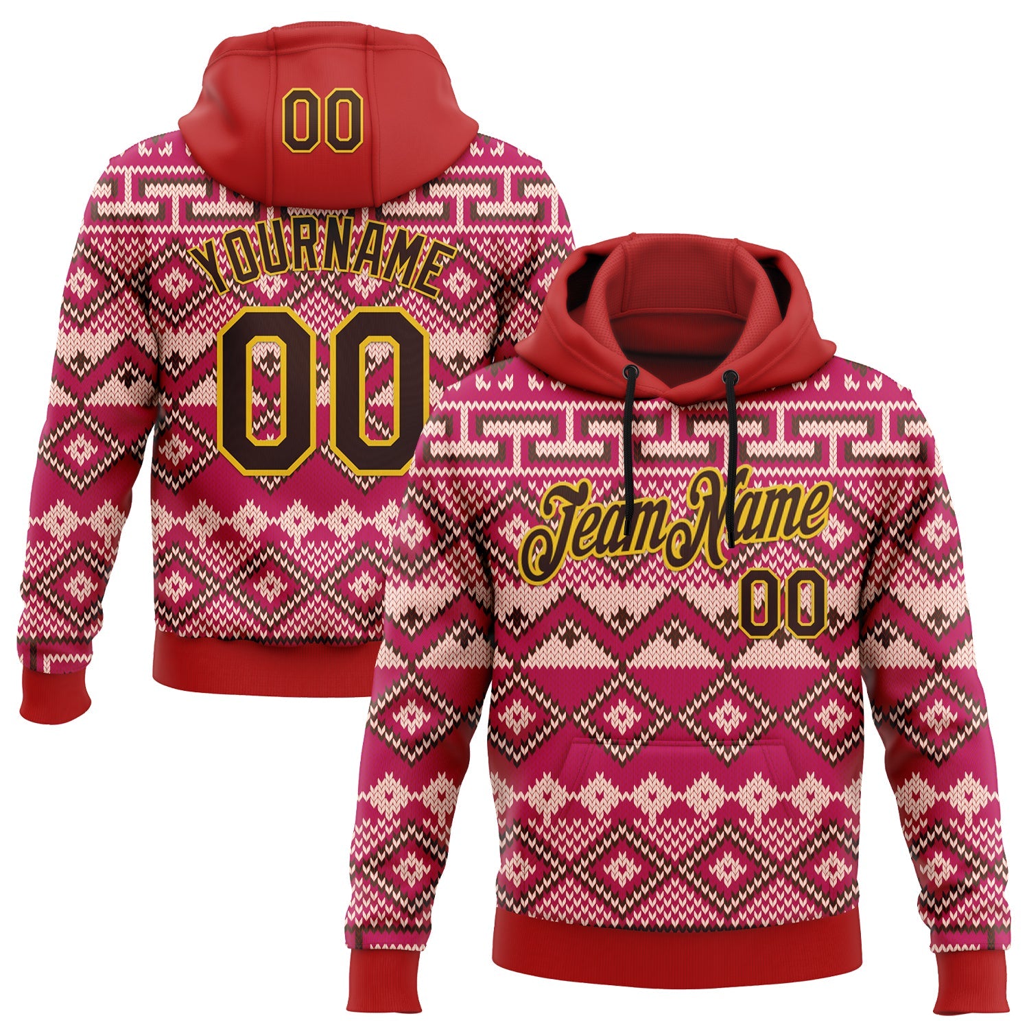 Custom Stitched Red Brown-Yellow 3D Pattern Design Tribal Ethnic Native American Sports Pullover Sweatshirt Hoodie - Main View
