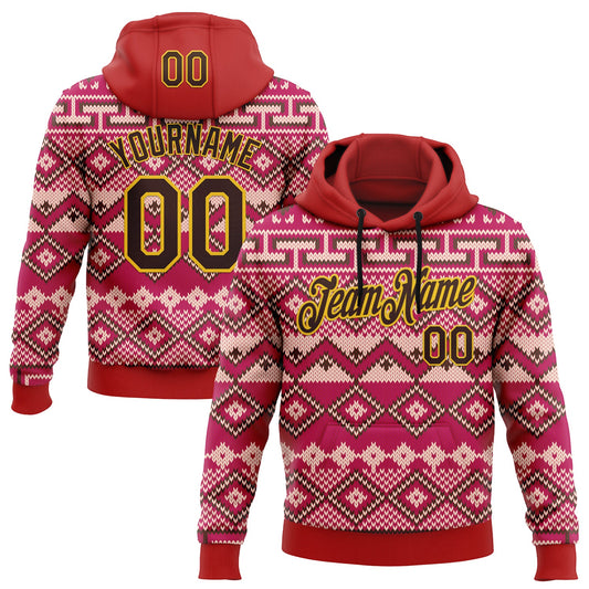 Custom Stitched Red Brown-Yellow 3D Pattern Design Tribal Ethnic Native American Sports Pullover Sweatshirt Hoodie - Main View