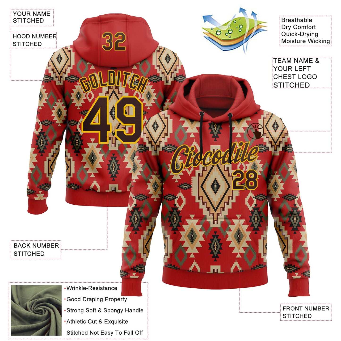 Custom Stitched Red Brown-Yellow 3D Pattern Design Tribal Ethnic Native American Sports Pullover Sweatshirt Hoodie view 2
