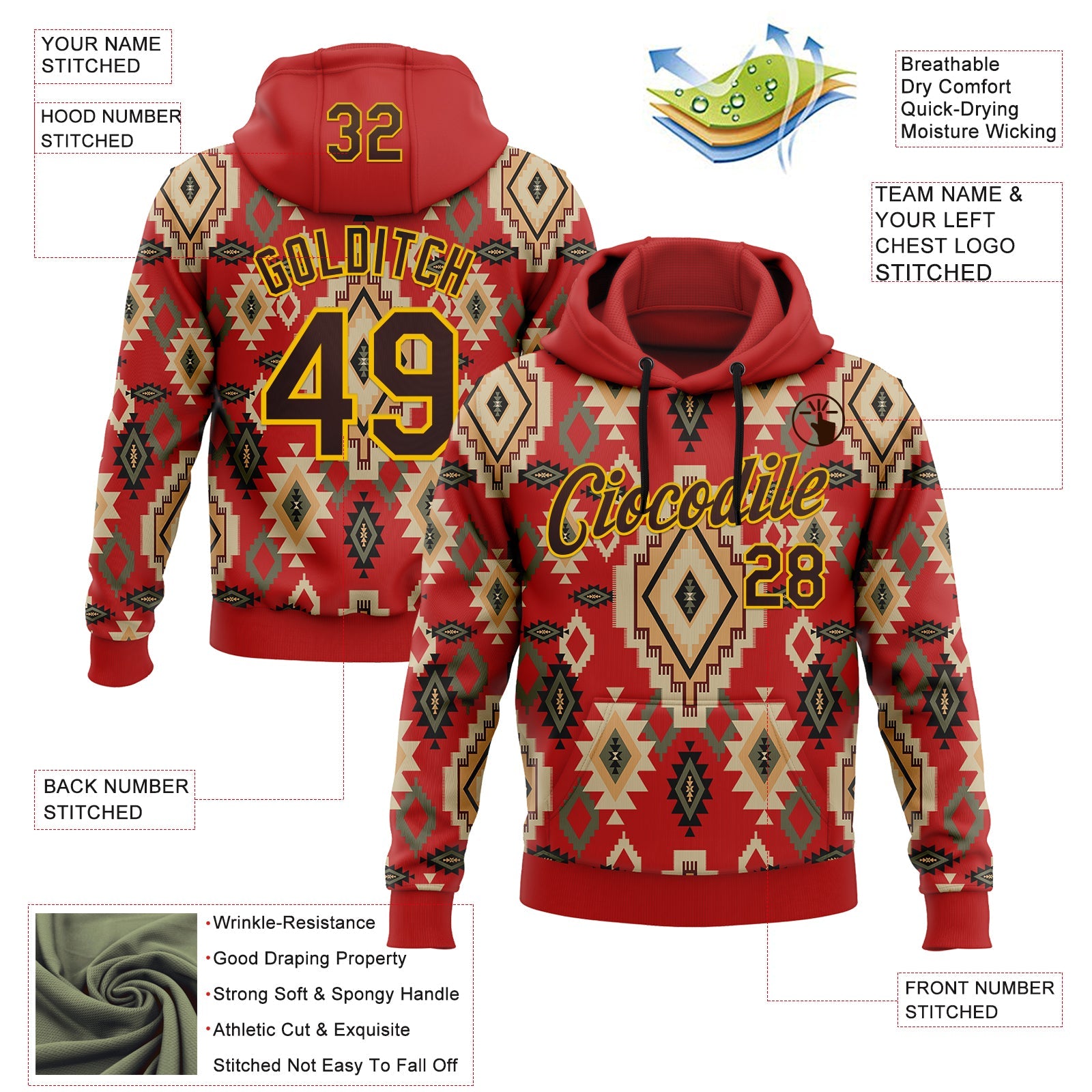 Custom Stitched Red Brown-Yellow 3D Pattern Design Tribal Ethnic Native American Sports Pullover Sweatshirt Hoodie view 2