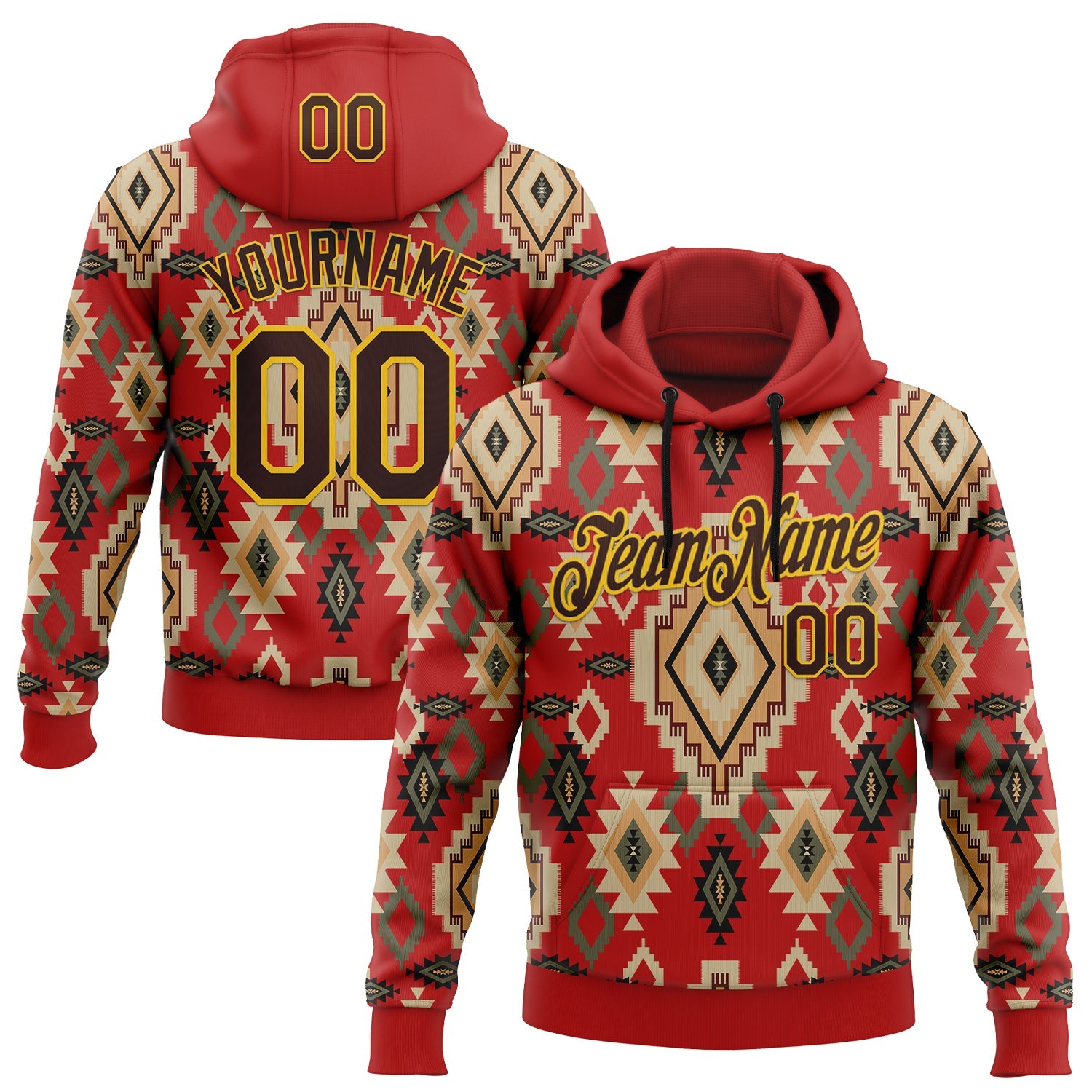 Custom Stitched Red Brown-Yellow 3D Pattern Design Tribal Ethnic Native American Sports Pullover Sweatshirt Hoodie - Main View