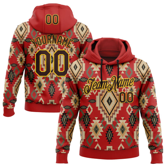Custom Stitched Red Brown-Yellow 3D Pattern Design Tribal Ethnic Native American Sports Pullover Sweatshirt Hoodie - Main View