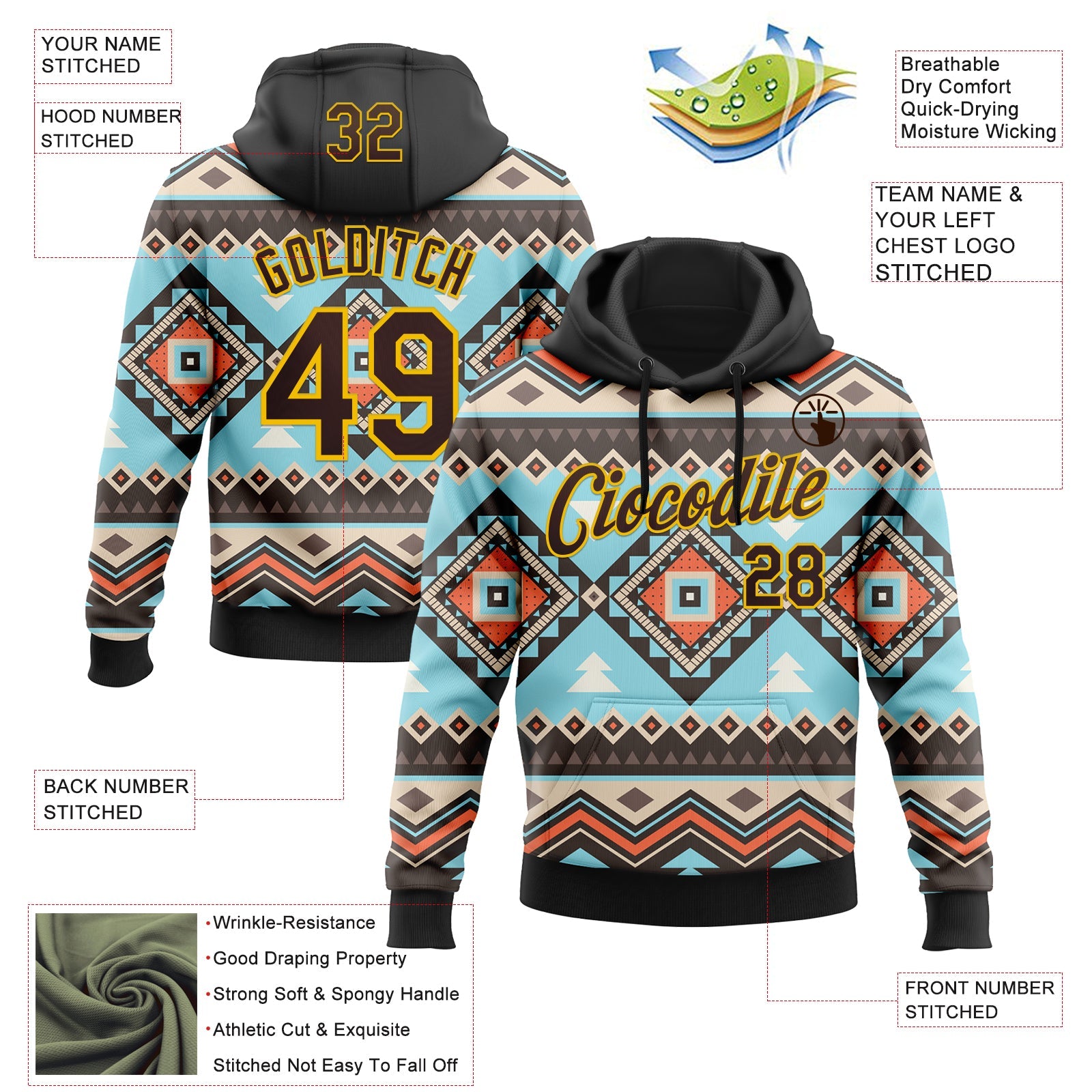 Custom Stitched Black Brown-Yellow 3D Pattern Design Tribal Ethnic Native American Sports Pullover Sweatshirt Hoodie view 2