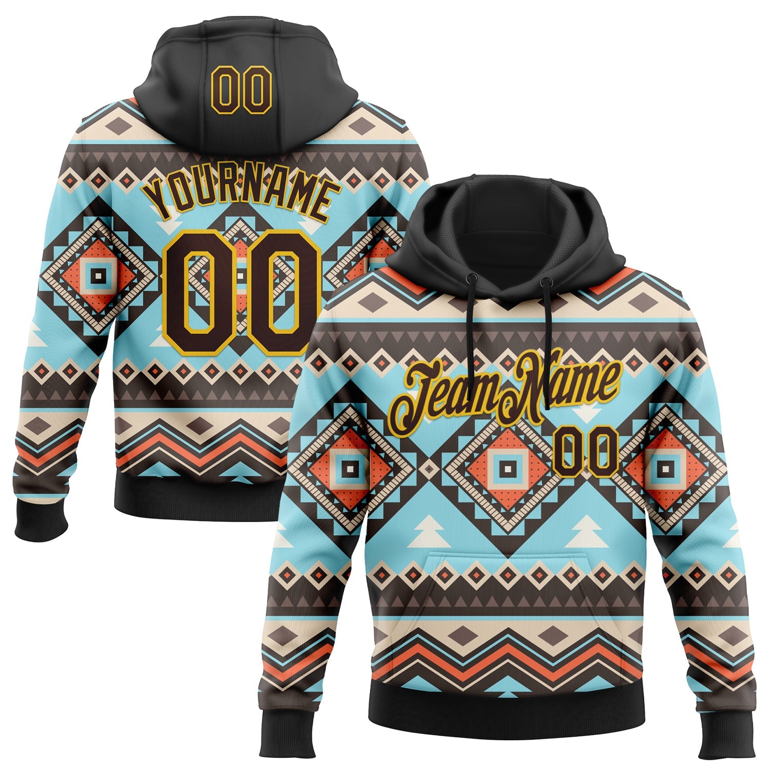 Custom Stitched Black Brown-Yellow 3D Pattern Design Tribal Ethnic Native American Sports Pullover Sweatshirt Hoodie - Main View