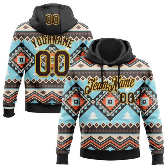 Custom Stitched Black Brown-Yellow 3D Pattern Design Tribal Ethnic Native American Sports Pullover Sweatshirt Hoodie - Main View