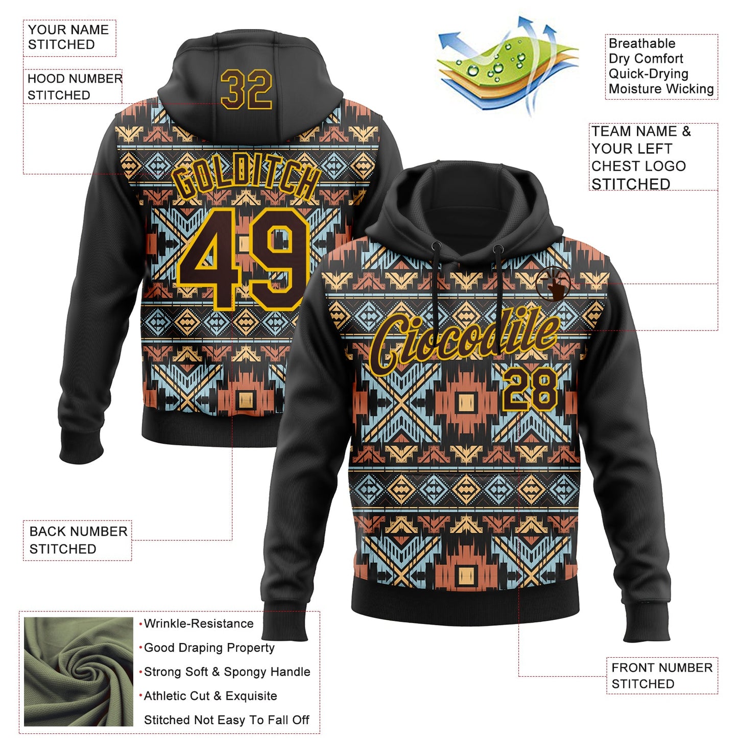 Custom Stitched Black Brown-Yellow 3D Pattern Design Tribal Ethnic Native American Sports Pullover Sweatshirt Hoodie view 2