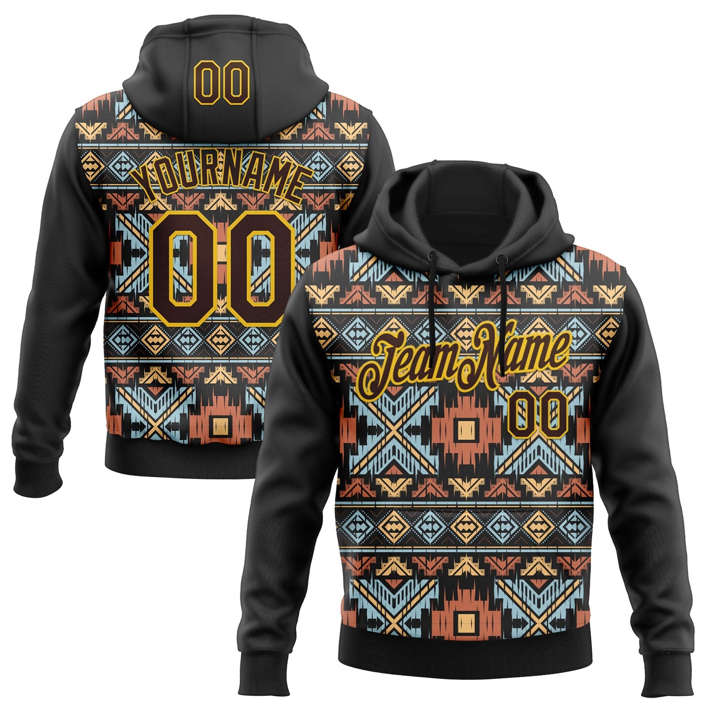 Custom Stitched Black Brown-Yellow 3D Pattern Design Tribal Ethnic Native American Sports Pullover Sweatshirt Hoodie - Main View