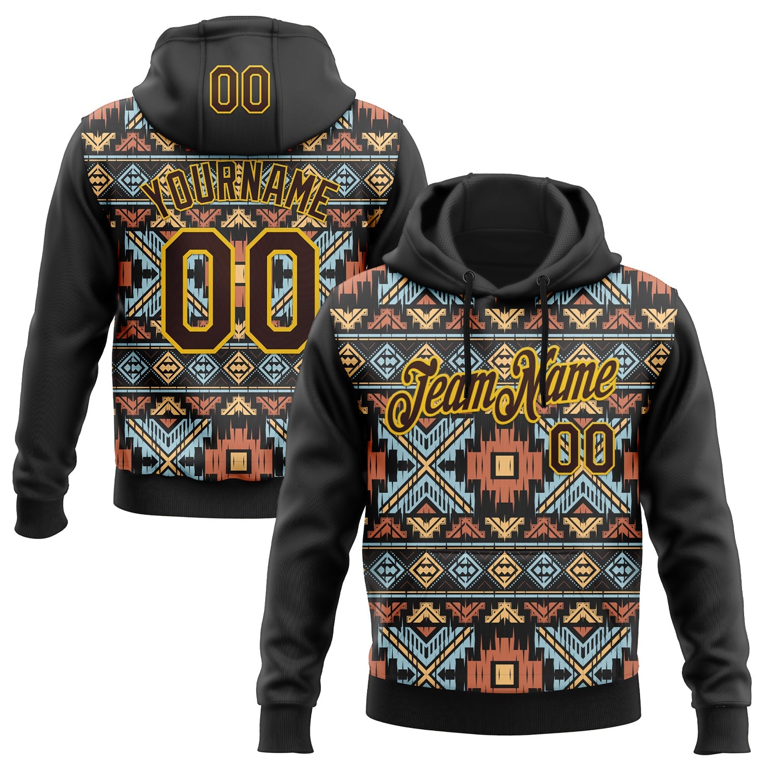 Custom Stitched Black Brown-Yellow 3D Pattern Design Tribal Ethnic Native American Sports Pullover Sweatshirt Hoodie - Main View