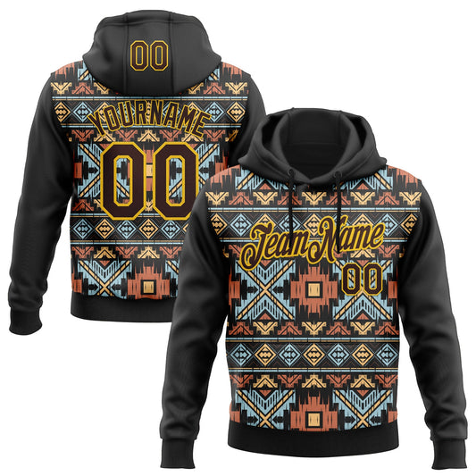 Custom Stitched Black Brown-Yellow 3D Pattern Design Tribal Ethnic Native American Sports Pullover Sweatshirt Hoodie - Main View