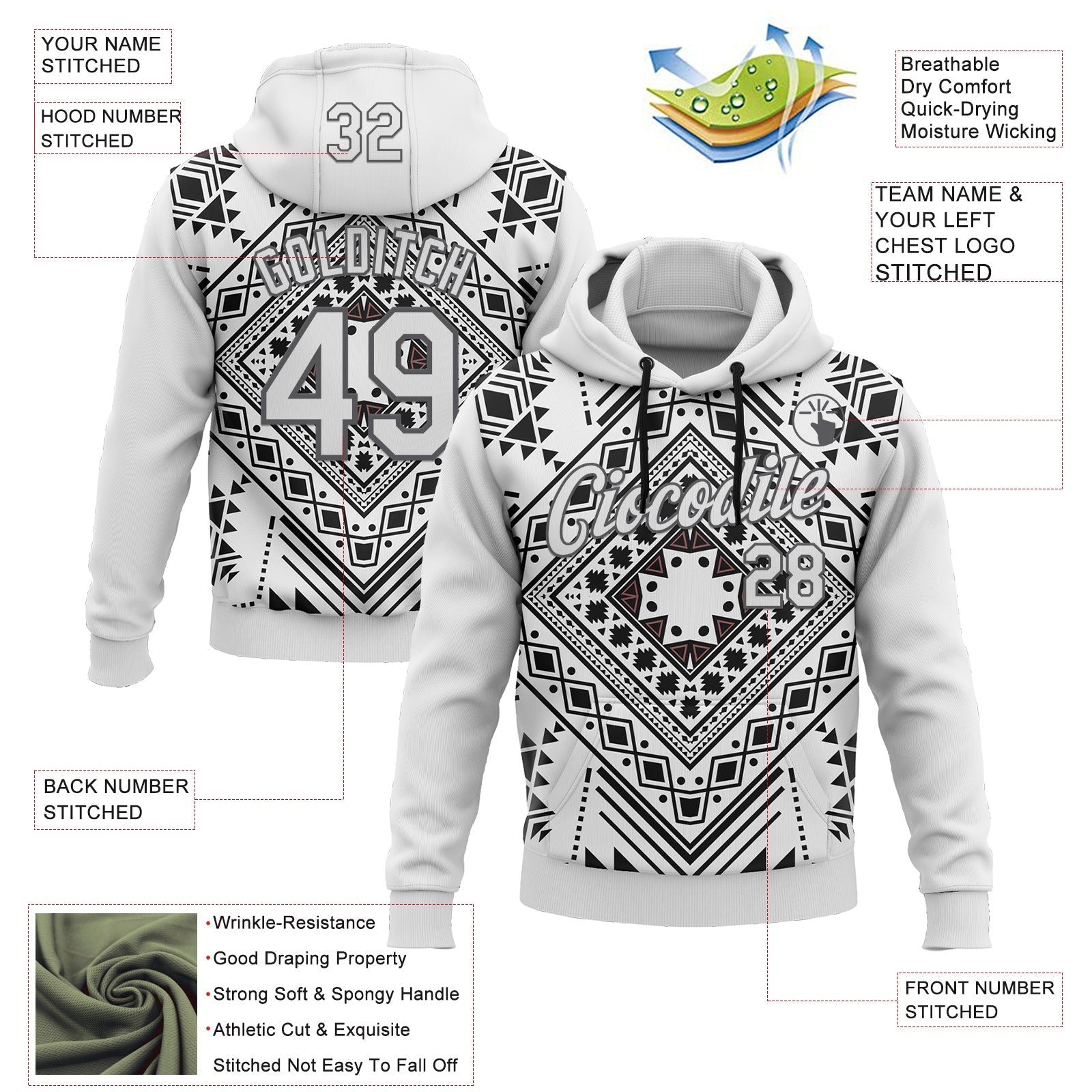 Custom Stitched White Steel Gray 3D Pattern Design Tribal Ethnic Native American Sports Pullover Sweatshirt Hoodie view 2