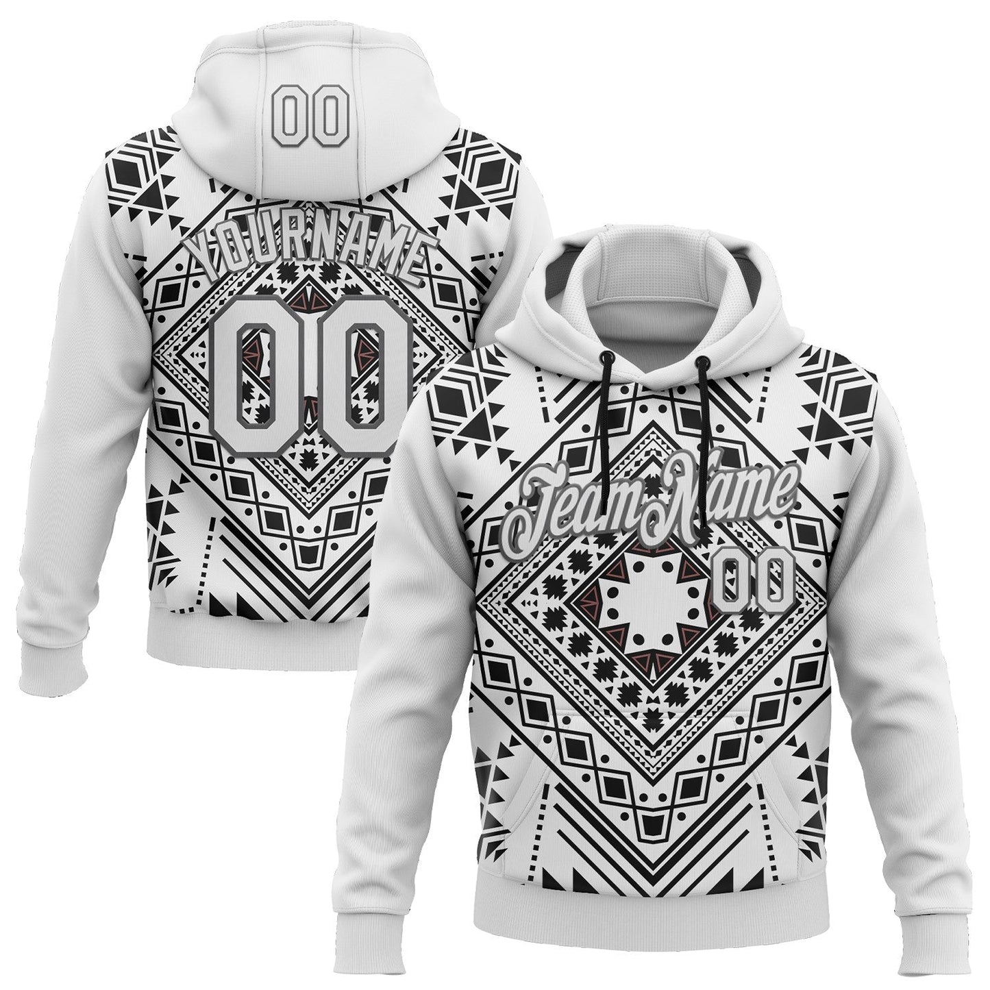 Custom Stitched White Steel Gray 3D Pattern Design Tribal Ethnic Native American Sports Pullover Sweatshirt Hoodie - Main View
