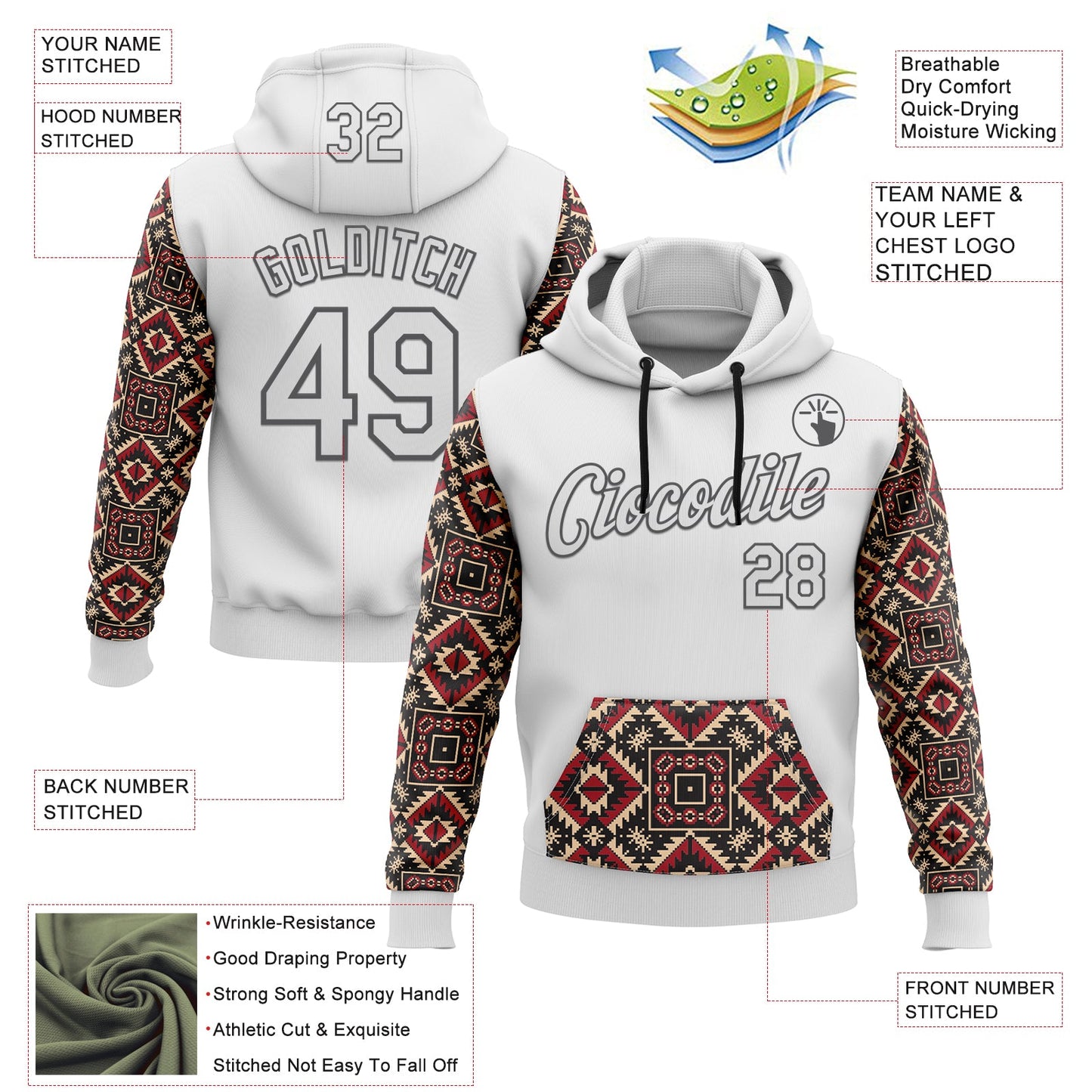 Custom Stitched White Steel Gray 3D Pattern Design Tribal Ethnic Native American Sports Pullover Sweatshirt Hoodie view 2
