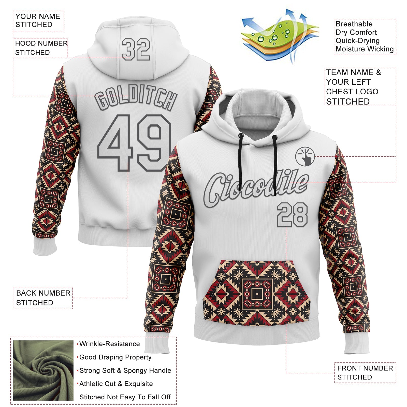 Custom Stitched White Steel Gray 3D Pattern Design Tribal Ethnic Native American Sports Pullover Sweatshirt Hoodie view 2