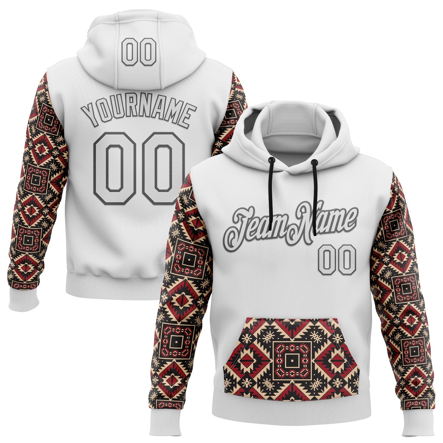 Custom Stitched White Steel Gray 3D Pattern Design Tribal Ethnic Native American Sports Pullover Sweatshirt Hoodie - Main View