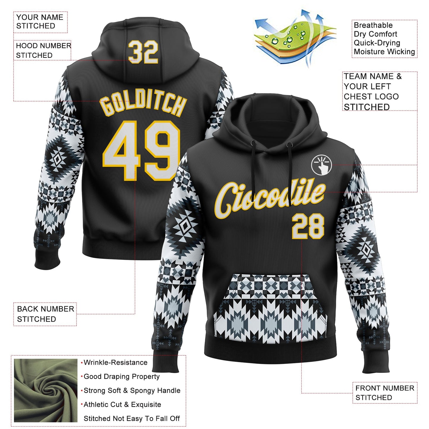 Custom Stitched Black White-Yellow 3D Pattern Design Tribal Ethnic Native American Sports Pullover Sweatshirt Hoodie view 2