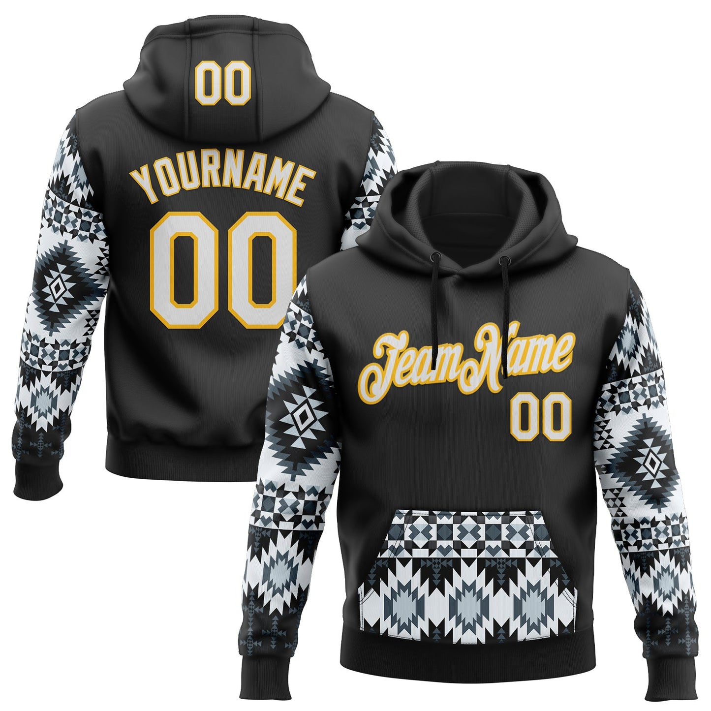 Custom Stitched Black White-Yellow 3D Pattern Design Tribal Ethnic Native American Sports Pullover Sweatshirt Hoodie - Main View