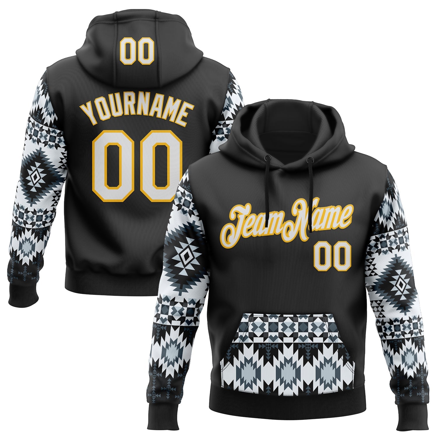 Custom Stitched Black White-Yellow 3D Pattern Design Tribal Ethnic Native American Sports Pullover Sweatshirt Hoodie - Main View