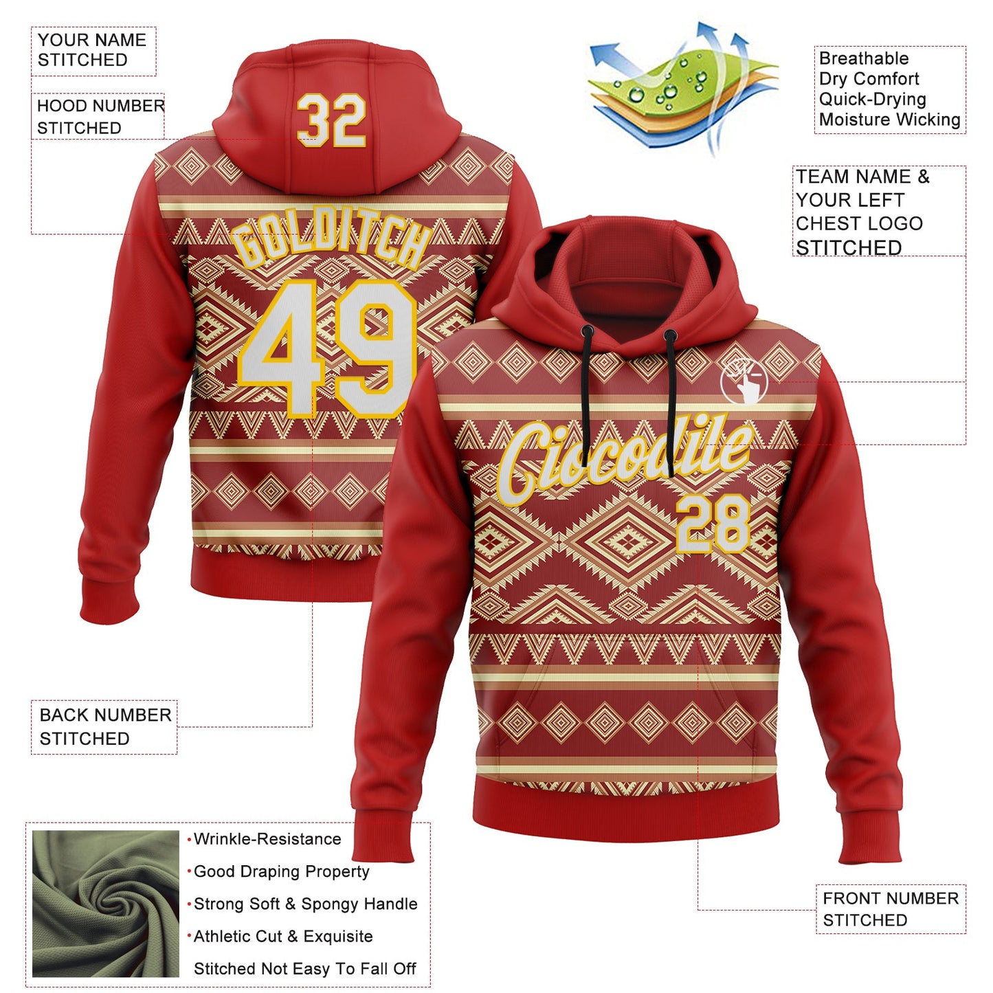 Custom Stitched Red White-Yellow 3D Pattern Design Tribal Ethnic Native American Sports Pullover Sweatshirt Hoodie view 2