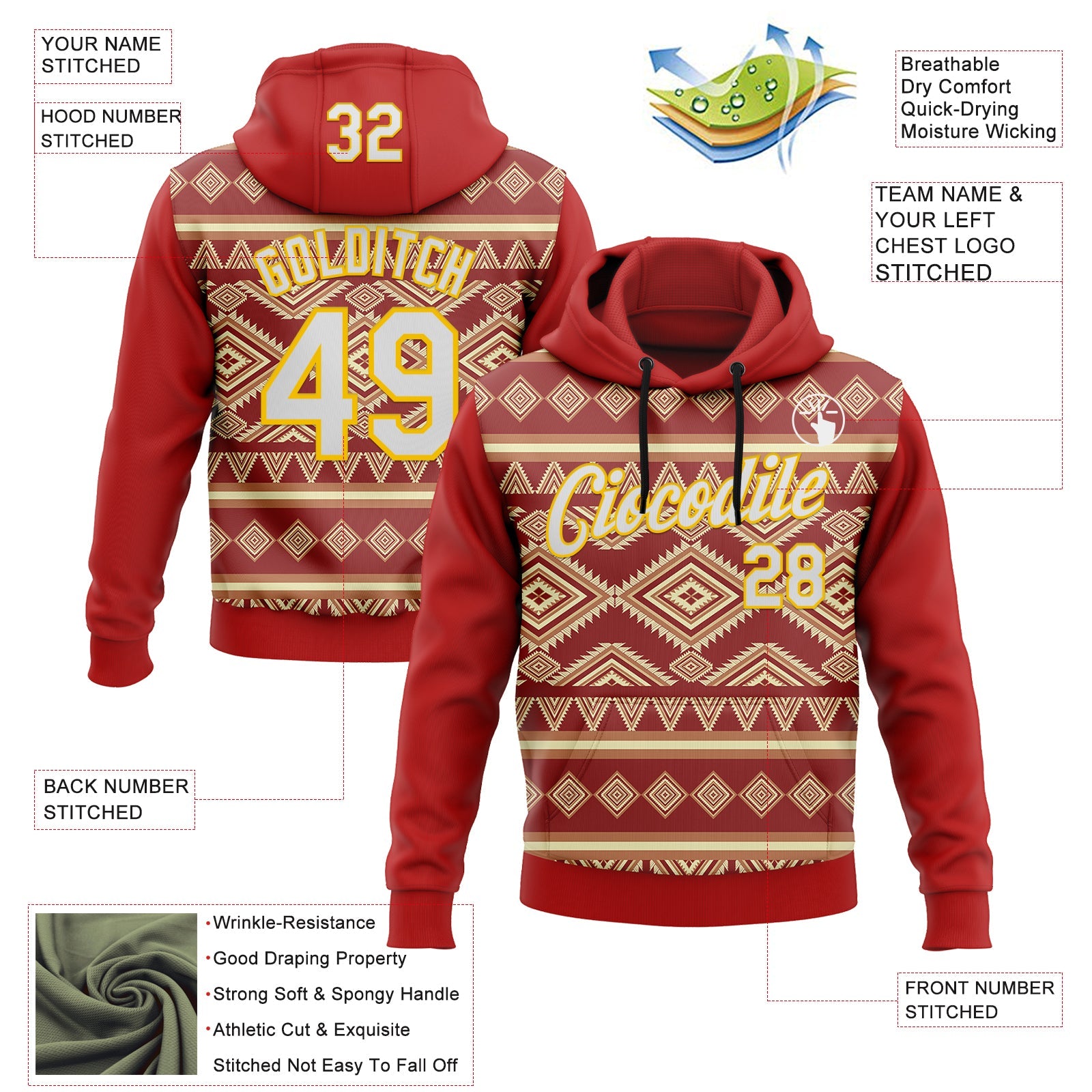 Custom Stitched Red White-Yellow 3D Pattern Design Tribal Ethnic Native American Sports Pullover Sweatshirt Hoodie view 2
