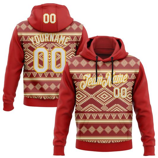 Custom Stitched Red White-Yellow 3D Pattern Design Tribal Ethnic Native American Sports Pullover Sweatshirt Hoodie - Main View