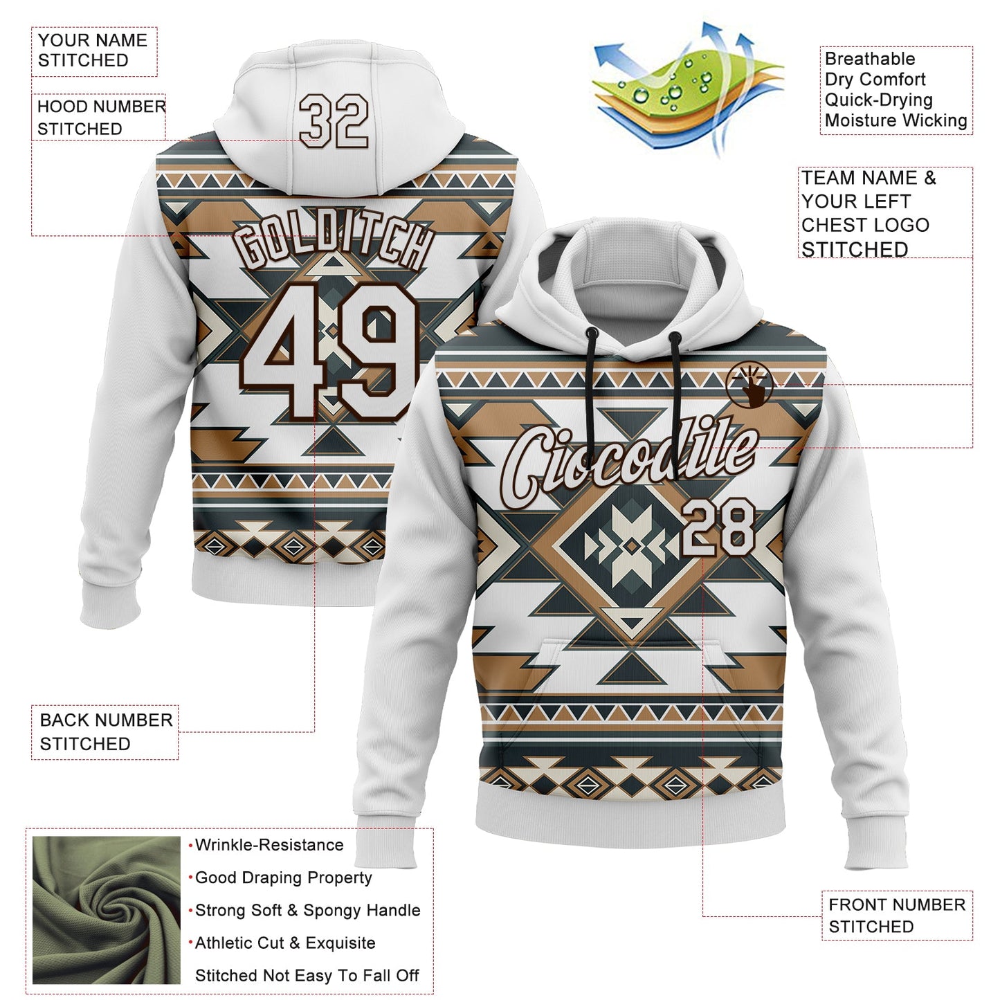Custom Stitched White Brown 3D Pattern Design Tribal Ethnic Native American Sports Pullover Sweatshirt Hoodie view 2