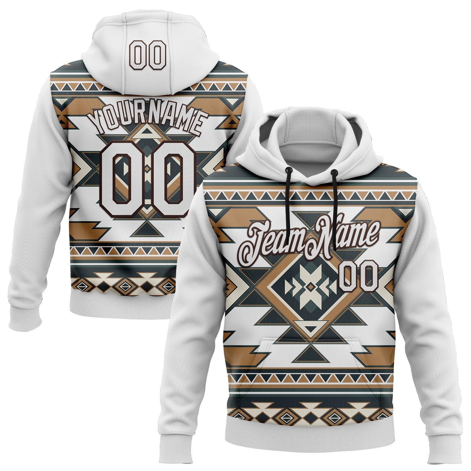 Custom Stitched White Brown 3D Pattern Design Tribal Ethnic Native American Sports Pullover Sweatshirt Hoodie - Main View