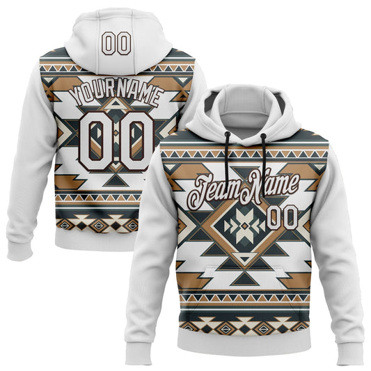 Custom Stitched White Brown 3D Pattern Design Tribal Ethnic Native American Sports Pullover Sweatshirt Hoodie - Main View
