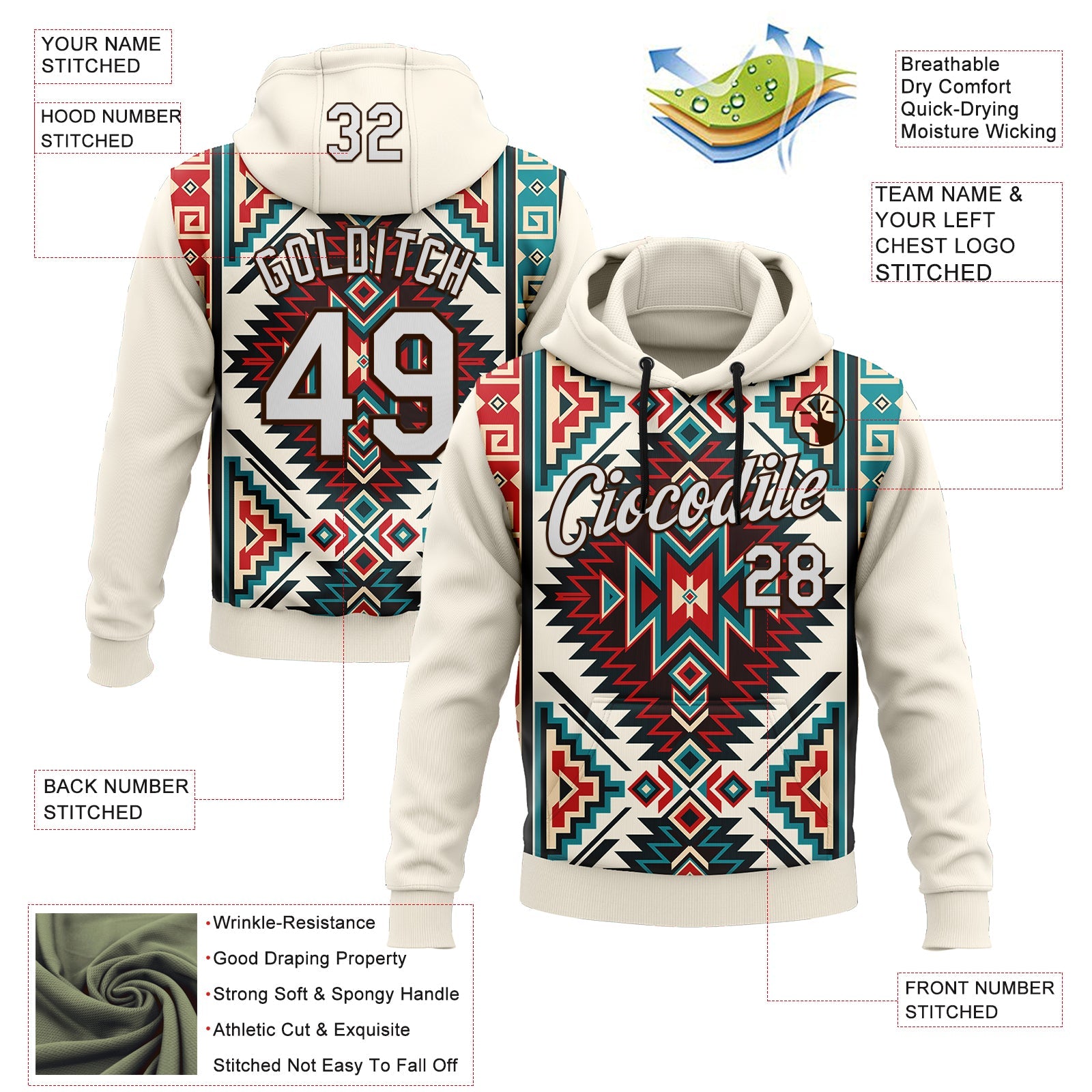 Custom Stitched Cream White-Brown 3D Pattern Design Tribal Ethnic Native American Sports Pullover Sweatshirt Hoodie view 2