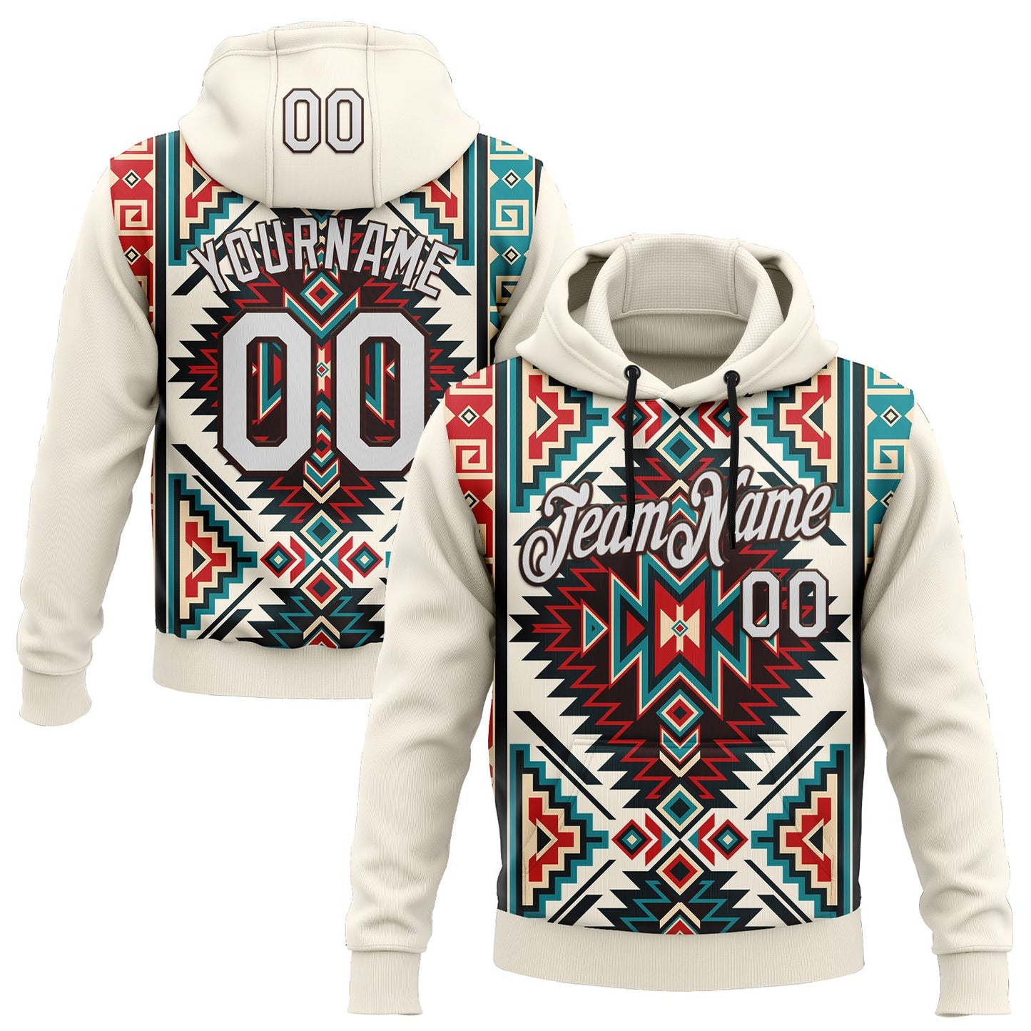 Custom Stitched Cream White-Brown 3D Pattern Design Tribal Ethnic Native American Sports Pullover Sweatshirt Hoodie - Main View