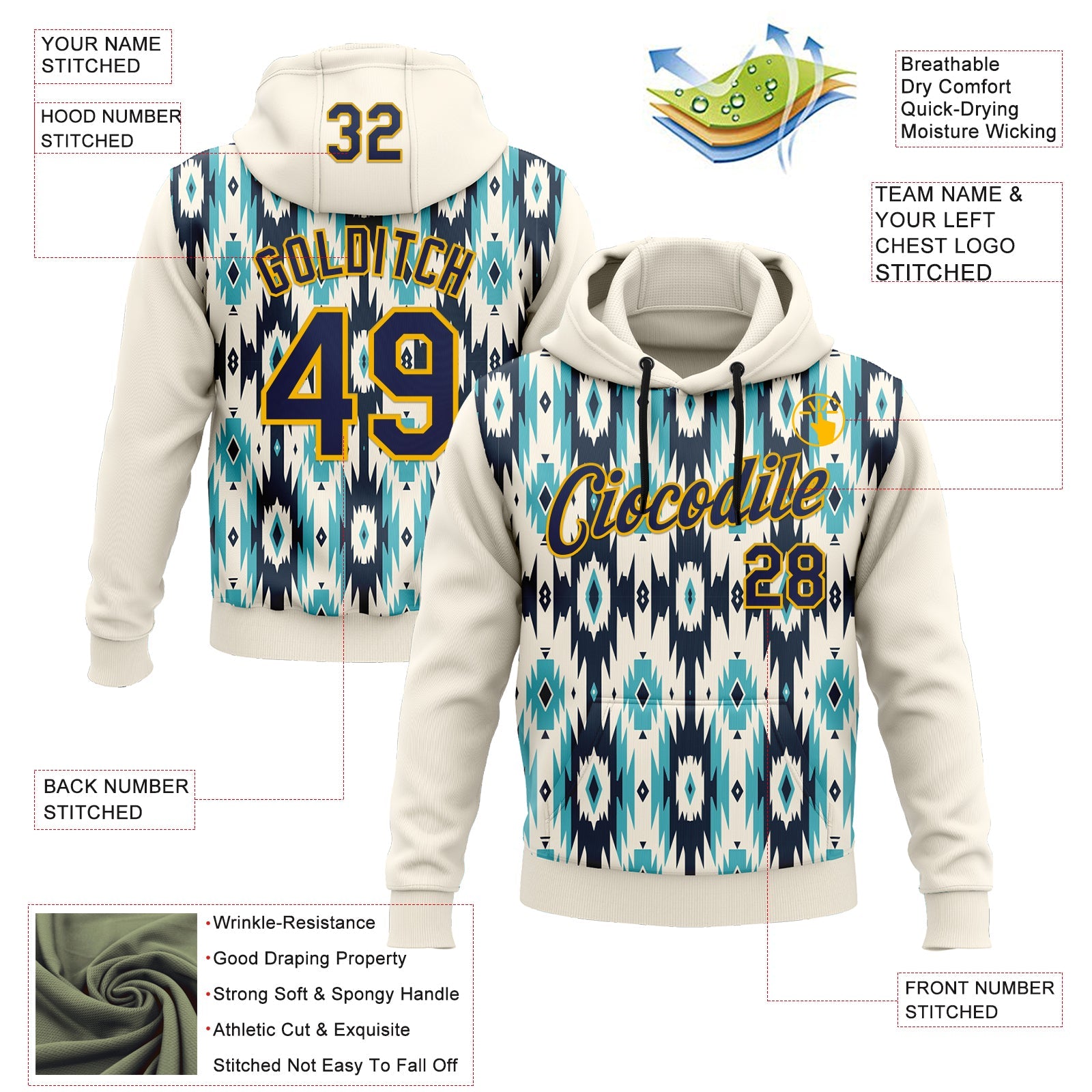 Custom Stitched Cream Navy-Gold 3D Pattern Design Tribal Ethnic Native American Sports Pullover Sweatshirt Hoodie view 2