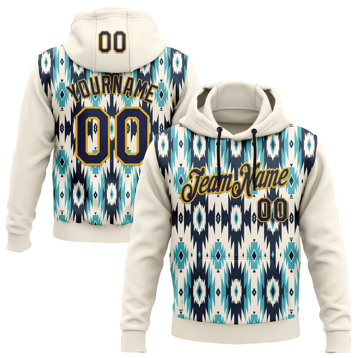 Custom Stitched Cream Navy-Gold 3D Pattern Design Tribal Ethnic Native American Sports Pullover Sweatshirt Hoodie - Main View