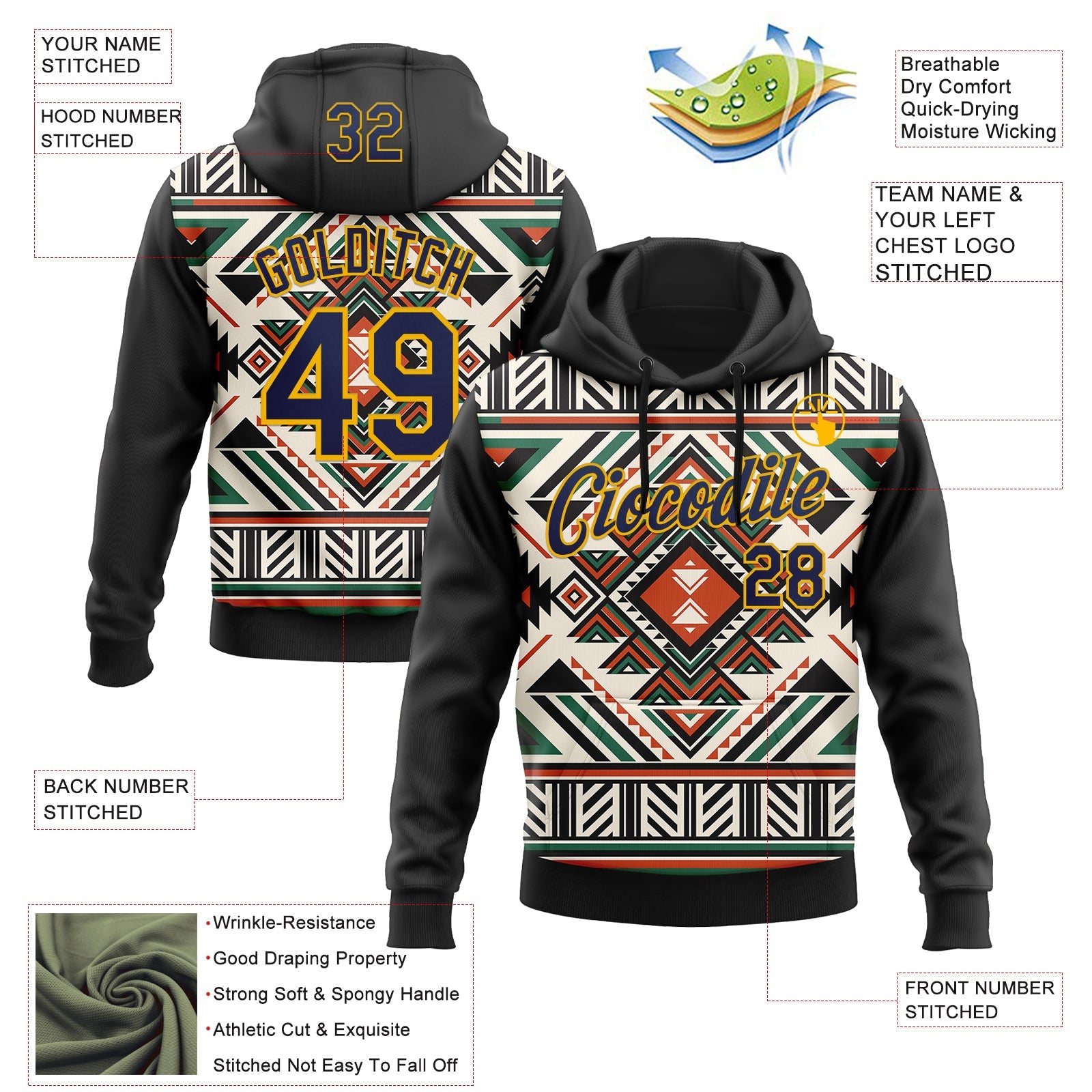 Custom Stitched Black Navy-Gold 3D Pattern Design Tribal Ethnic Native American Sports Pullover Sweatshirt Hoodie view 2